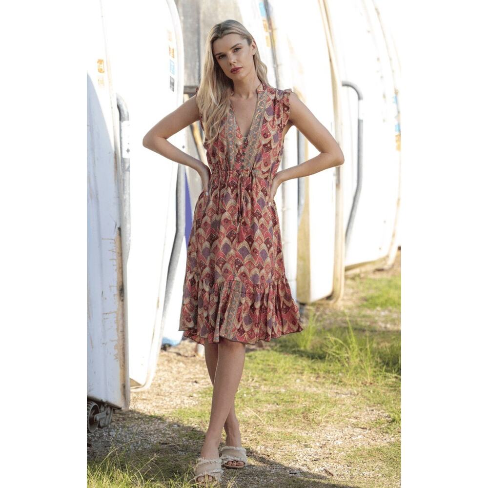 Cienna Salma Frill Silk Fancy Midi Dress Small